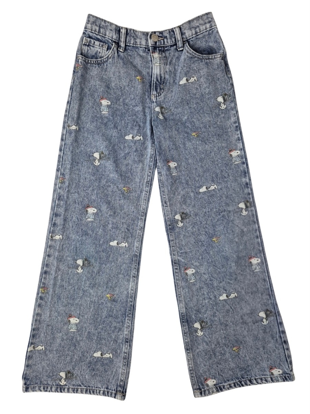 Justice Girls Snoopy All Over Print Wide Leg Acid Wash Denim Jeans Size 12